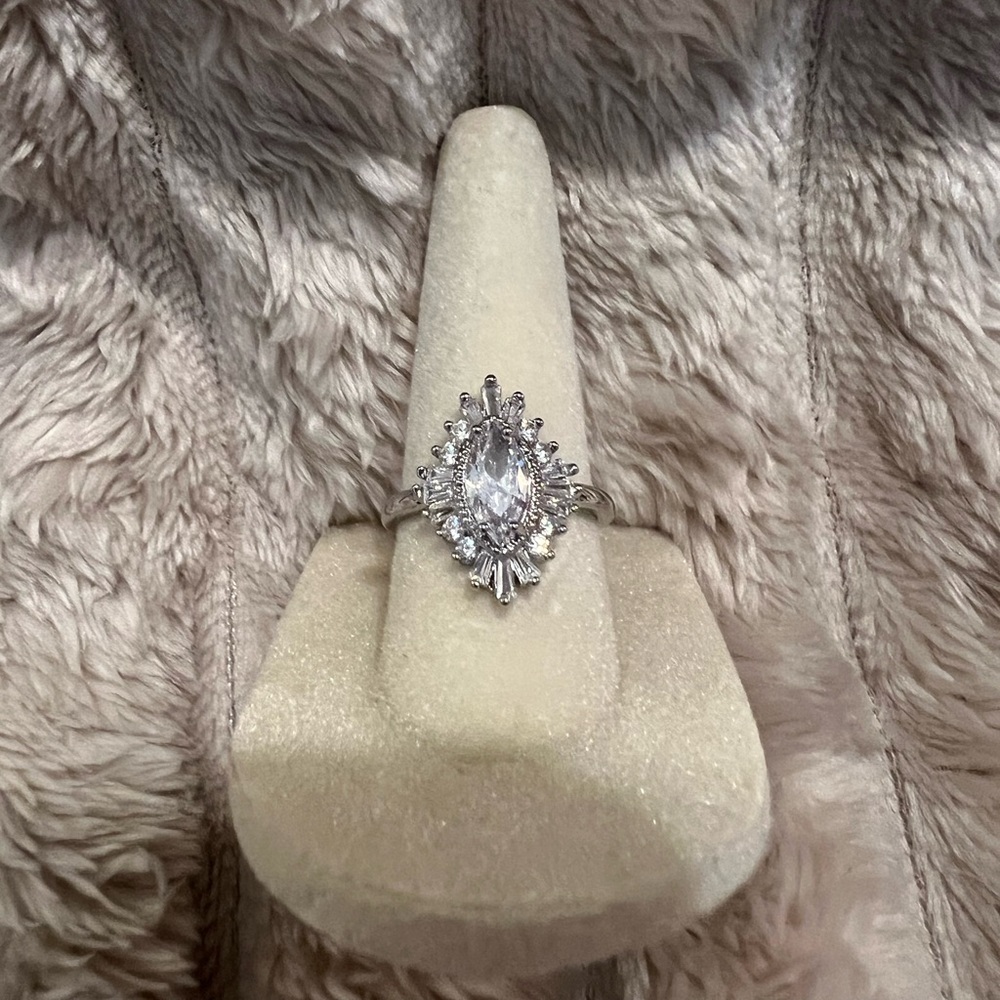 Marquise Halo Statement Ring in Silver Size 7